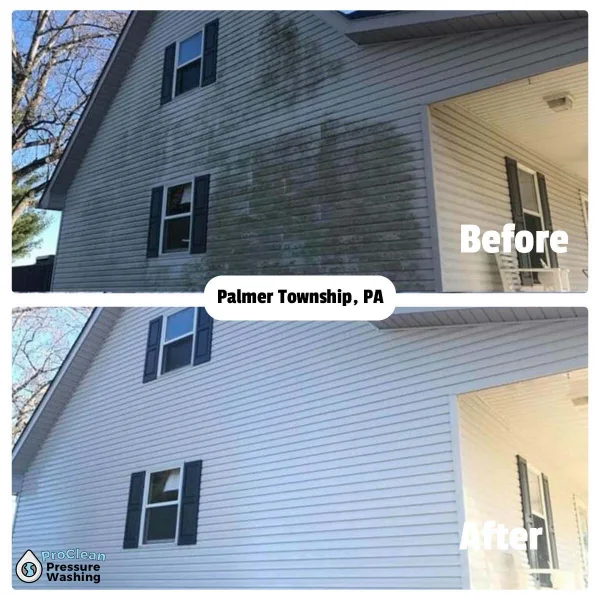 Results of a House Washing, Concrete Cleaning, and Roof Cleaning service conducted in Easton Pennsylvania by ProClean Pressure Washing